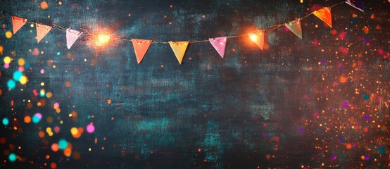 Colorful party flags and confetti create a festive atmosphere for an event poster or greeting card template