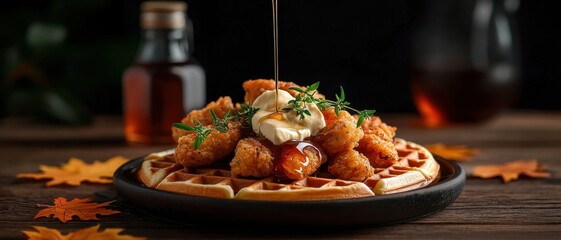 Maple Syrup in Modern Cuisine Concept. Delicious waffles topped with fried chicken and syrup drizzle