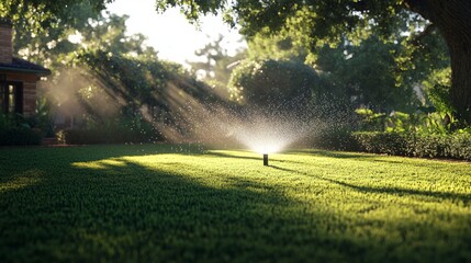 Automatic sprinklers spraying morning dew over verdant lawn, illuminating residential landscape with soft sunrise light and vibrant green hues