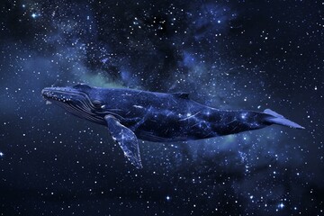 Fototapeta premium Majestic whale glides through a cosmic ocean, its form adorned with constellations, embodying the wonders of the universe