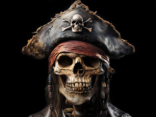Human skull with pirate captain hat