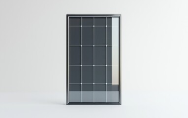 A single solar panel standing upright with visible grid details and a realistic metallic frame, isolated on a clean white background