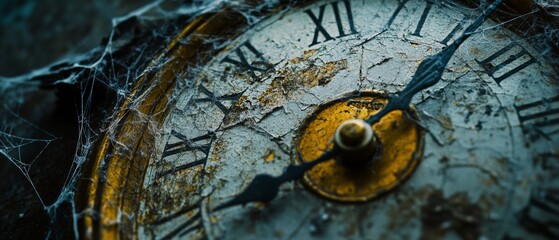 An old clock, broken and adorned with cobwebs, sits forgotten, evoking a sense of timeless decay and the inexorable passage of time.