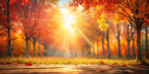 Golden Autumn Sunlight Through Vibrant Fall Foliage with Wooden Pathway