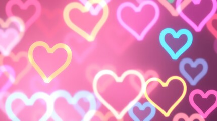 Neon heart shapes, glowing pink background, valentine's theme, soft focus, blurred edges, colorful hearts, romantic atmosphere, neon lights, love symbols, vibrant colors, dreamy effect, digital art st