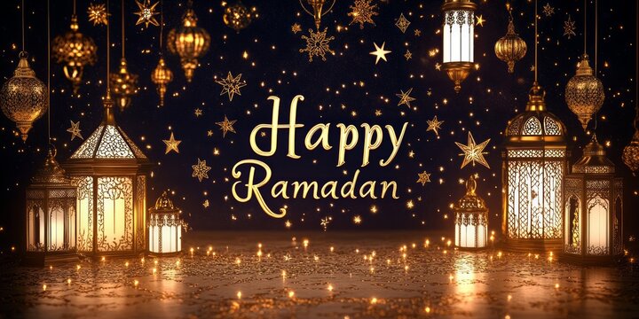 Glowing arabic lanterns radiating traditional patterns, golden crescents and starry ornaments shining on deep blue backdrop, embodying ramadan festive spirit