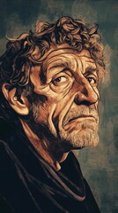 Vintage Illustration of Old Man with Brown Curly Hair and Introspective Expression in Historical Setting Concept Art, Generative AI