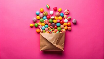 A Colorful Assortment of Sweet Candies Spilling from a Brown Paper Bag onto a Vibrant Pink Background