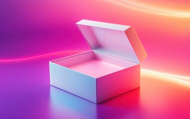A sleek and modern mockup of a snack box with an open lid, displayed on a gradient pink-to-purple background with soft glowing streaks