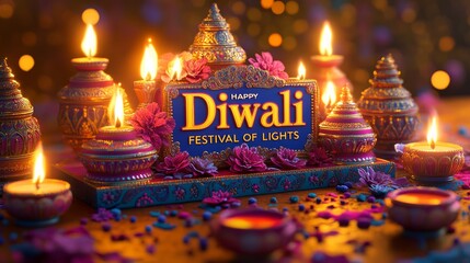Luminous diyas glowing amid colorful blossoms, radiating warm diwali celebration light against dark evening background