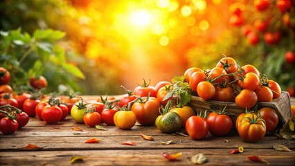 A Rustic Wooden Table Display Featuring a Bountiful Harvest of Ripe Tomatoes in Golden Sunlight