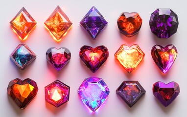 Fototapeta premium A vibrant collection of 3D game gemstones in various shapes like diamonds, hearts, and hexagons, each with a unique glowing effect, isolated on a clean white background