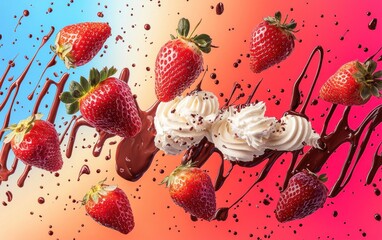 Juicy strawberries with a swirl of whipped cream and chocolate drizzle, flying with energy against a bold colorful gradient background