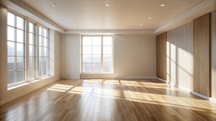 Sunlit Empty Room with Hardwood Floors and Modern Wall Paneling