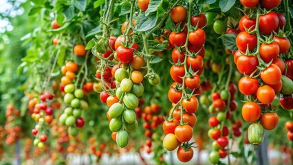 A mature tomato plant with a sprawling canopy and numerous fruits hanging from its stems, fruit, landscape, tomato plant