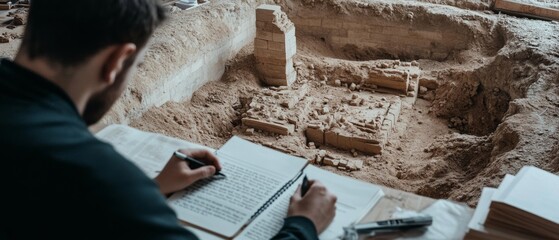 An archaeologist intently documenting findings in a sandy excavation site, surrounded by ancient artifacts and notes.