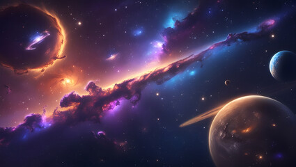 Obraz premium Two planets in vibrant nebula with stars; futuristic space exploration concept suitable for science fiction book cover or digital art