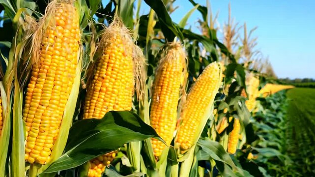 Corn cobs in corn plantation field. Big Yellow Corn Cob. Green cornfield ready for harvest, late afternoon light, sunset. cornfield at harvest. Low Angle View of a Row Of Young Corn Stalks. Sweetcorn