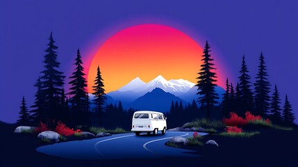 Fototapeta premium Pixel Art Sunset Landscape Van on a Mountain Road Trip