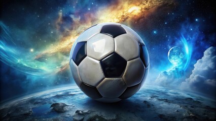 Fototapeta premium A Futuristic Soccer Ball Rests on an Alien Planet's Surface, Against a Cosmic Nebula Background