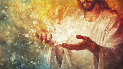 Jesus performing miracle with water, showcasing divine power and grace. vibrant colors and ethereal light create sense of wonder and spirituality