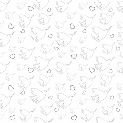 Seamless pattern with dove of peace, olive branch and hearts.