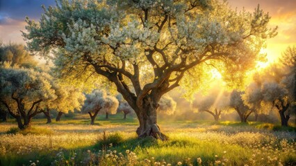 Fototapeta premium Golden Hour Serenity Majestic Old Tree in a Blossoming Meadow at Sunrise