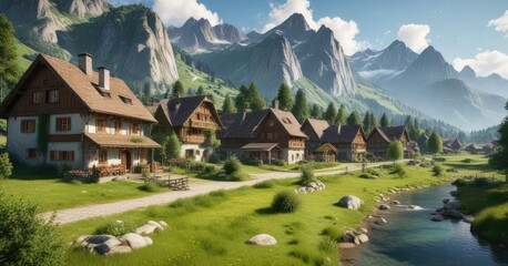 Obraz premium A picturesque alpine village with farm houses and green meadows , landscape, mountains, alpine village