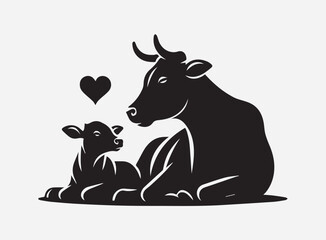 Sitting Cow Silhouette Vector with Heart for Design Projects