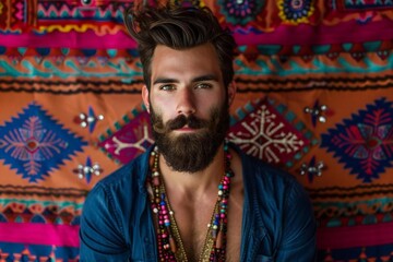 Obraz premium Handsome Caucasian Man with Beard Against Vibrant Hispanic Textile Background