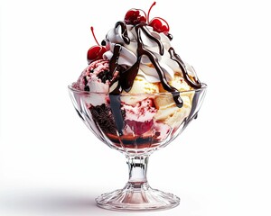 Isolated on white background Delicious ice cream sundae with toppings.
