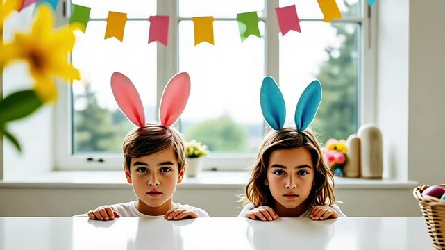 Kids with bunny ears on Easter egg hunt