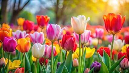 Obraz premium Colorful tulips in a garden, blooming with vibrant petals and stems of different shapes, flowers, blooms, flowers