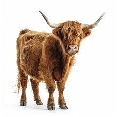 Studio shot of brown highland cow with long horns and wavy fur standing on white background