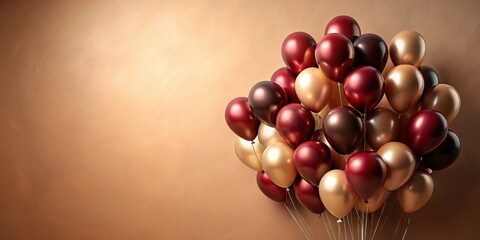A celebratory cluster of burgundy and gold balloons against a warm brown backdrop
