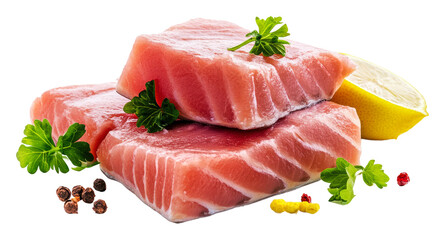 PNG Fresh salmon fillets with herbs and lemon slice