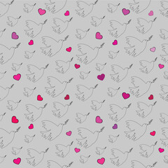 Seamless pattern with dove of peace, olive branch and hearts.
