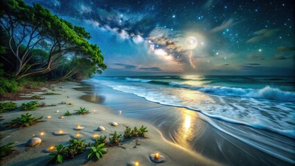 Serene Night Scene Candles and Stones Adorn a Sandy Beach Under a Starry Sky with a Full Moon