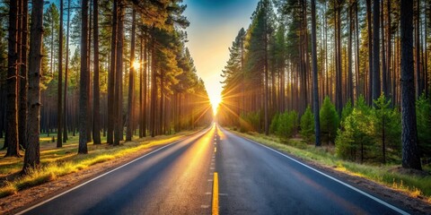 Fototapeta premium Asphalt road through a sunlit pine forest at sunset