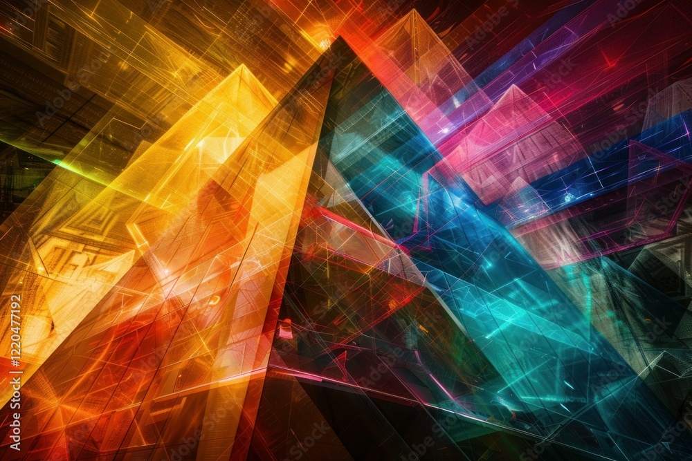 Aufkleber Vibrant triangular shapes in various colors and sizes intersect and overlap, creating a dynamic and abstract composition