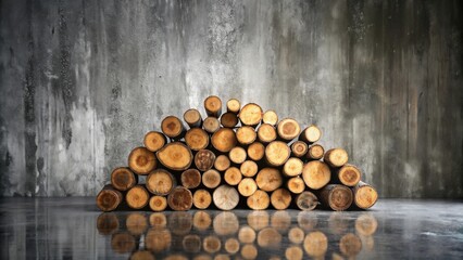 Stack of Natural Wood Logs Against a Grey Wall