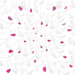 Seamless pattern with dove of peace, olive branch and hearts.