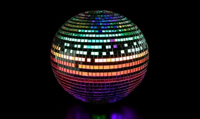 Vibrant Disco Mirror Ball with Colorful Lights in Nightclub Setting, Reflective Sphere Creating Retro Dance Atmosphere, Perfect for Party and Celebration Themes, Generative AI