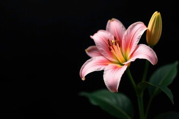 Elegant black background contrasts with pure lily, garden flowers, floral