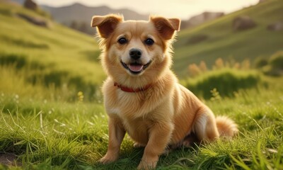 A small yellow dog with a wagging tail sits on a grassy hill, outdoor scene, sunny day, landscape photo