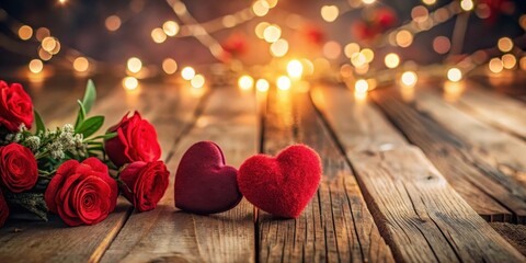 Warm Romantic Evening with Red Hearts on Wooden Table, love ambiance, flowers