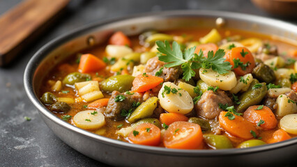 Vegetable and meat soup garnished with parsley