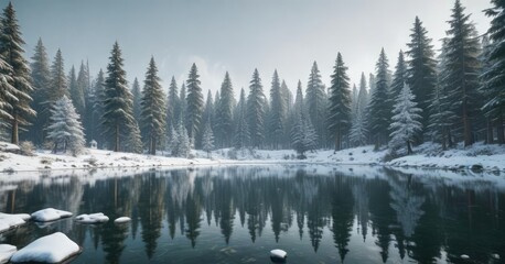 A snowy forest with towering evergreen trees and a frozen lake, snow, winter, forest