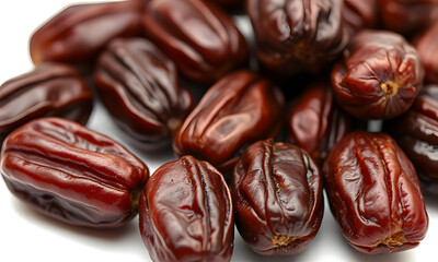 Fototapeta premium Many dark brown dates with a white background for food magazines, recipe websites, social media posts, and cooking blogs