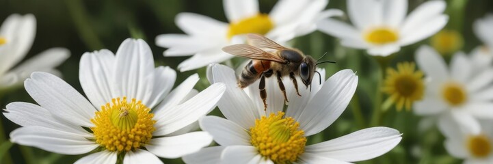 Obraz premium A solitary bee sits atop a delicate white wildflower with intricate yellow center details, bee on flower, flower arrangement , insect
